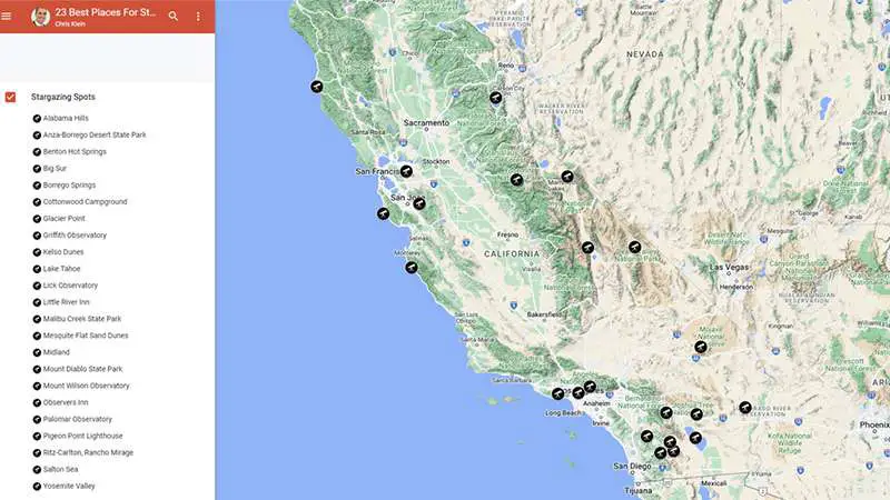 Google Map of 23 Best Places for Stargazing in California