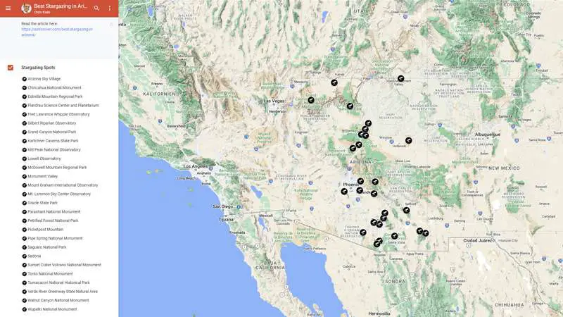 Free Google Map of Best Stargazing in Arizona