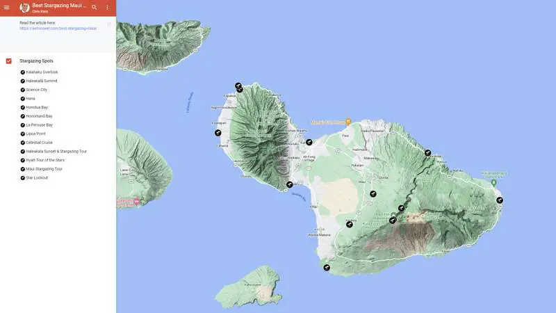 free google map of best stargazing Maui offers