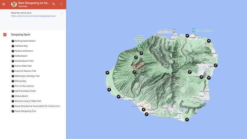 Free Google Map of Best Stargazing on Kauai