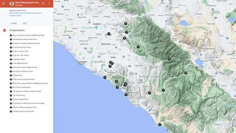 Free Google Map of the Best Stargazing in Orange County