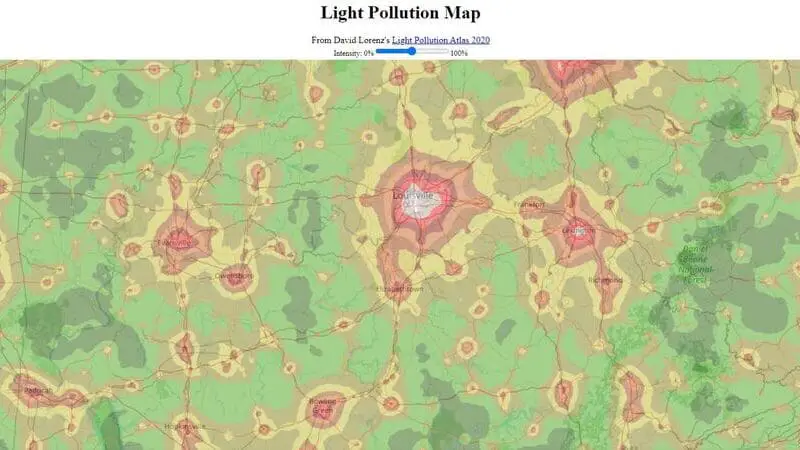 Clear Dark Sky Light Pollution Map of Kentucky