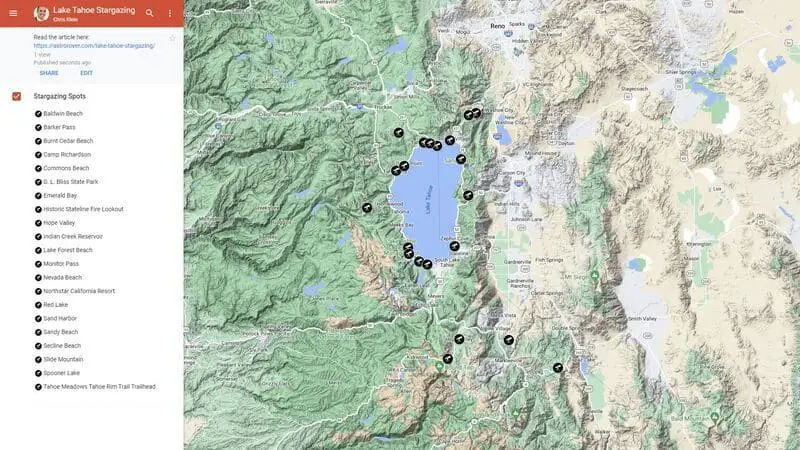 Free Google Map of Lake Tahoe Stargazing