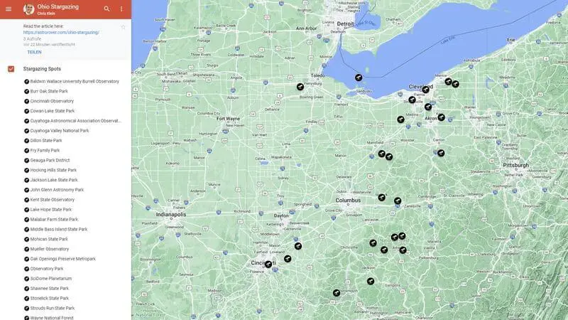 Free Google Map of Best Ohio Stargazing