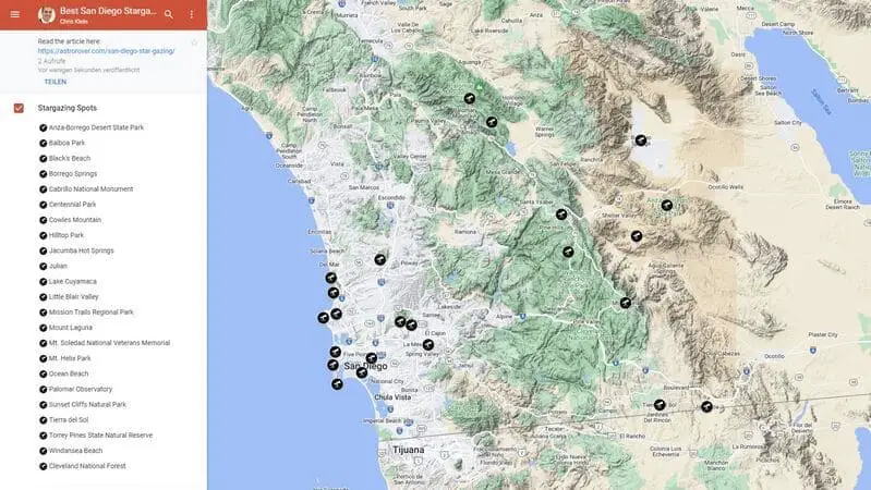 Free Google Map of Best Stargazing in San Diego