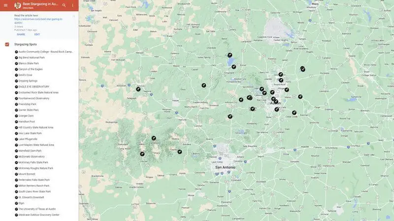 Free Google Map of the Best Stargazing in Austsin