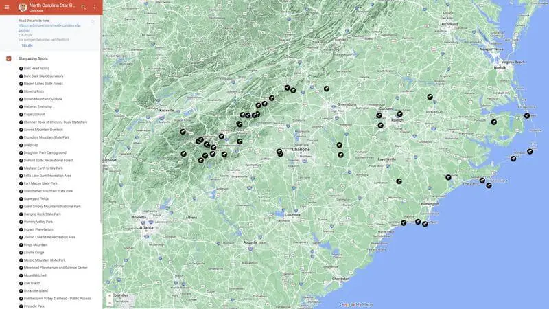 Google Map of Best Stargazing in North Carolina
