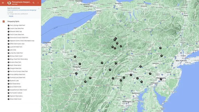Google Map of Pennsylvania Stargazing