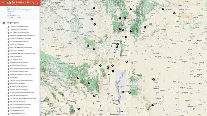 Free Google Map of the Best Stargazing in New Mexico